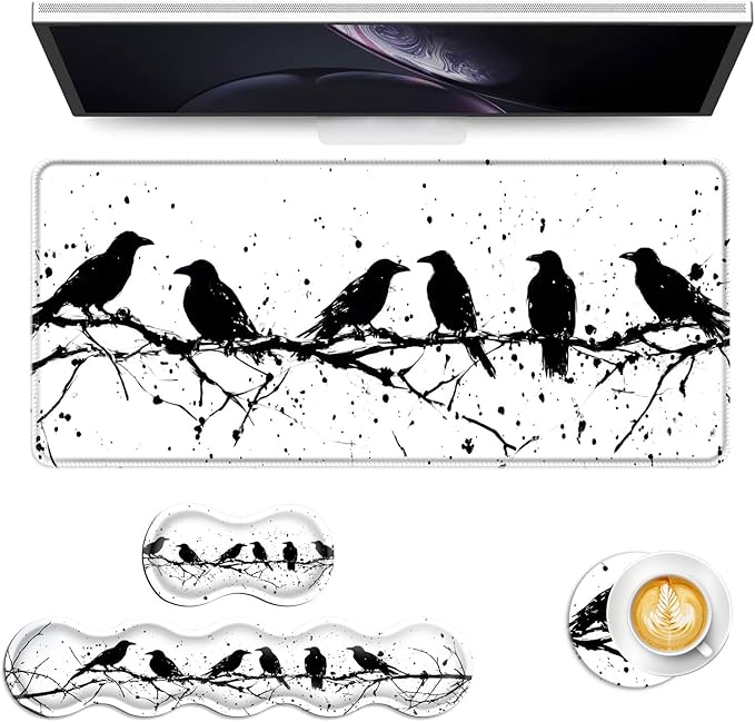 Keyboard Mouse Pad Set Extended Gaming Mouse Pad+Ergonomics Keyboard Wrist Rest Support Memory Foam Easy Typing Pain Relief 4Pcs XL Ultra Thick Desk MatRaven Silhouettes