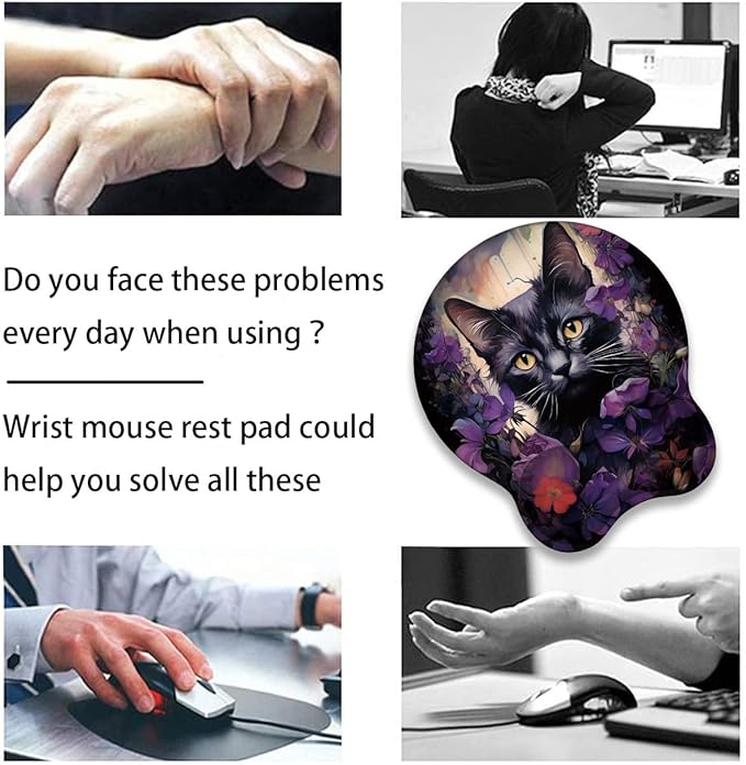 Mouse Wrist Rest and Keyboard Wrist Rest Pad+ Coaster Set Non-Slip Rubber Base Smooth Surface Ergonomic Gaming Mouse Pad for Easy Typing and Pain Relief Cat &amp Purple Flower