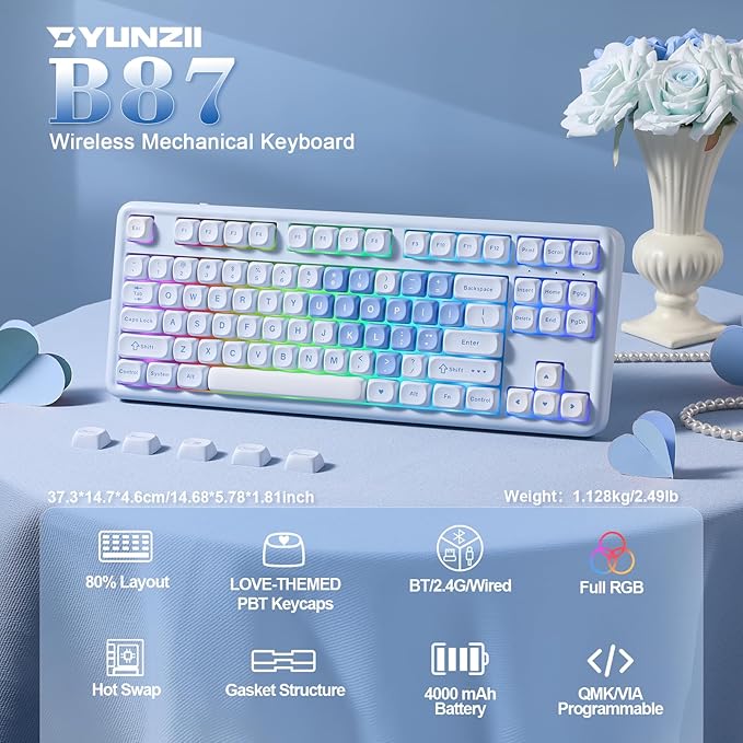 YUNZII B87 Wireless Mechanical KeyboardQMK/VIA ProgrammableTKL Layout 87 KeysBT/2.4G/USB-CHot Swap Gasket Mount RGB Backlit Gaming with Wrist Rest for Win/Mac (Blue Heart Cocoa Cream V2)
