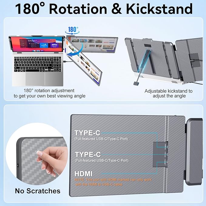 KEFEYA Laptop Screen Extender 2K 2160x1440 QHD Laptop Monitor Extender Dual Screen 14” Portable Monitor for Laptops 13-17 with USB-C/HDMI Port Plug n Play for Windows/Mac/Android/Switch/PS5