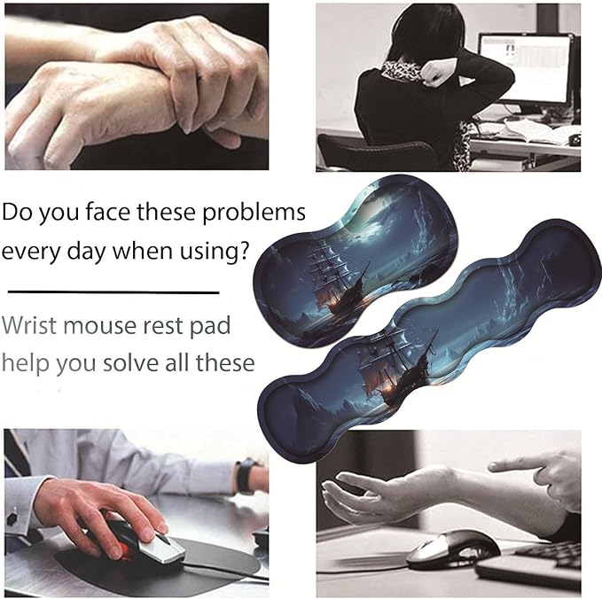 Large Gaming Table Pad 31.5 x 11.8 + Keyboard Wrist Pad + Mouse Wrist Pad + Coaster Non-Slip Base 4-in-1 Set Ergonomic Memory Foam Easy Typing Pain Relief Moon Ship Blue Sea