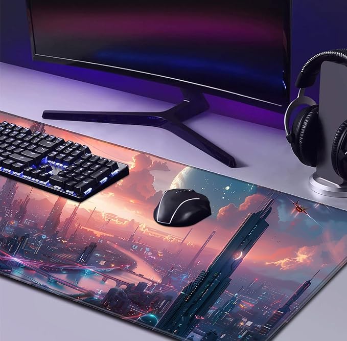 Digital Anime City Night View Office Art Desk Mat Female Aesthetic Style Oversized Stitched Edge Laptop Keyboard Desk Mat 35.4 x 15.7 x 0.12 Inches