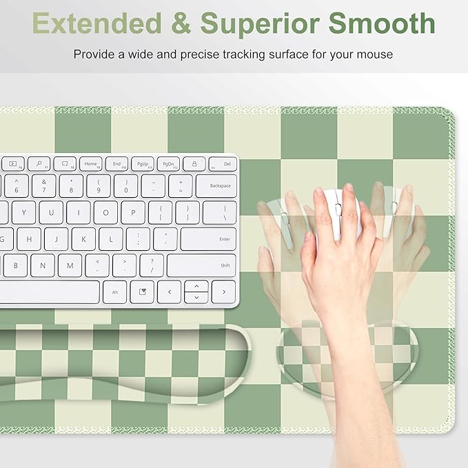Large Gaming Mouse Pad Set 4 in1 Ergonomics Keyboard Desk Mat with Memory Foam Wrist Rest Extended Game Mousepad Non-Slip Desk Pad Matt Easy Typing Pain Relief I Green Checkered