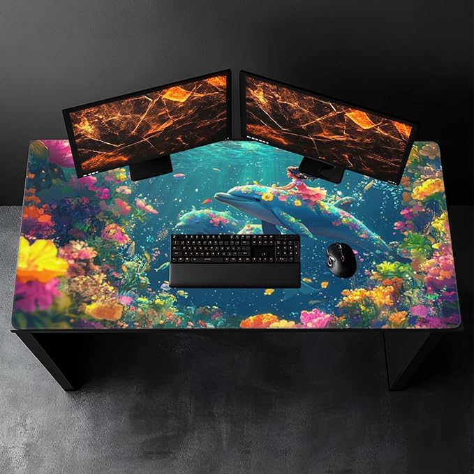 3XL Huge Ocean Mouse Pads Oversized 48x24 - Extra Large Gaming XXXL Mouse Pad for Full Desk - Whales Marine Life Mousepad with Stitched Edges Non-Slip Rubber Base Desk Mat