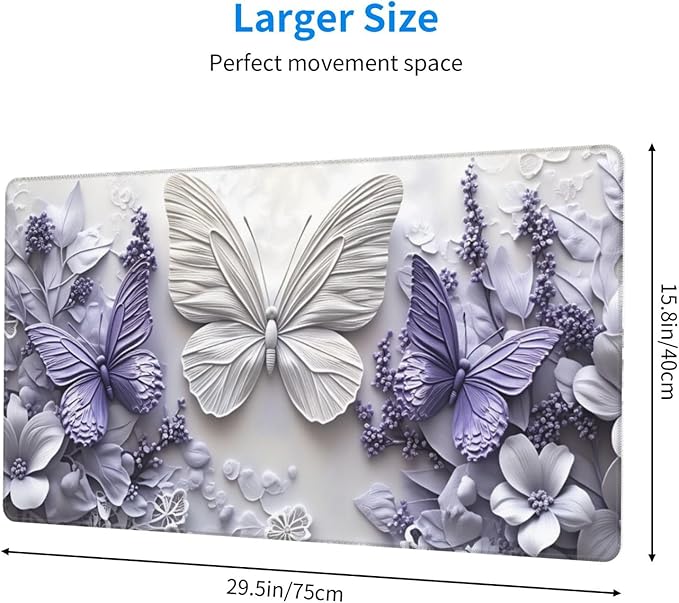 Purple Floral Butterfly Desk Cover MatExtended Large Mouse PadComputer Laptop Mat Desk Decor for Office Game Home 30x16 Inch