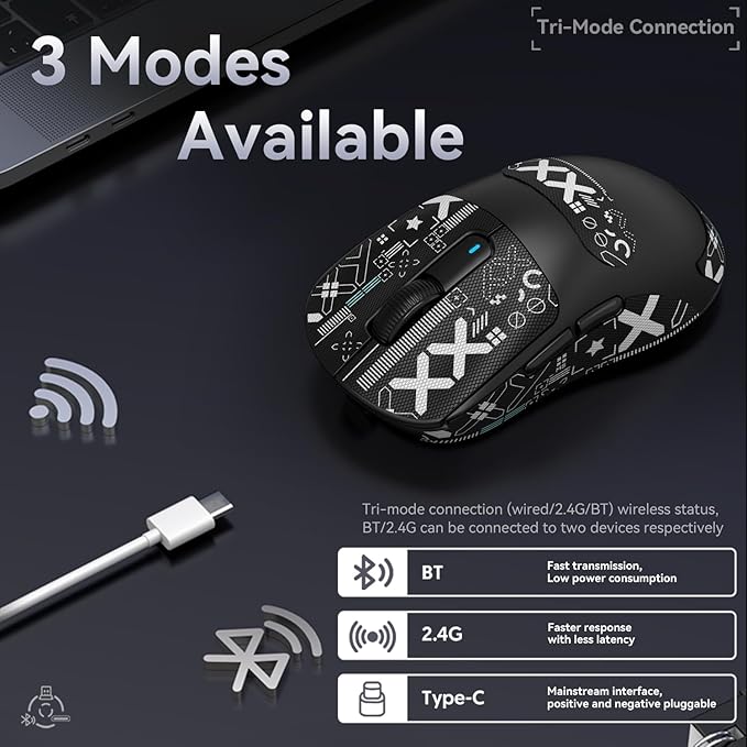 MAMBASNAKE Attack Shark X3 Wireless Gaming Mouse 49g Ultralight PixArt PAW3395 26000 DPI Bluetooth/2.4Ghz /Wired Tri-Mode 200Hrs Rechargeable Battery Kailh GM8.0 Switch for PC/MAC/Win Black&ampT