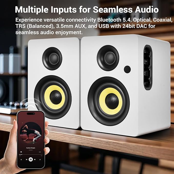 Sanyun SW206 4” HiFi Bookshelf Speakers with Studio Mode 80W Active Bluetooth 5.4/Optical/Coaxial/TRS/Aux/24bit DAC USB for Turntable TV PC Desktop MDF Cabinet Remote Control White