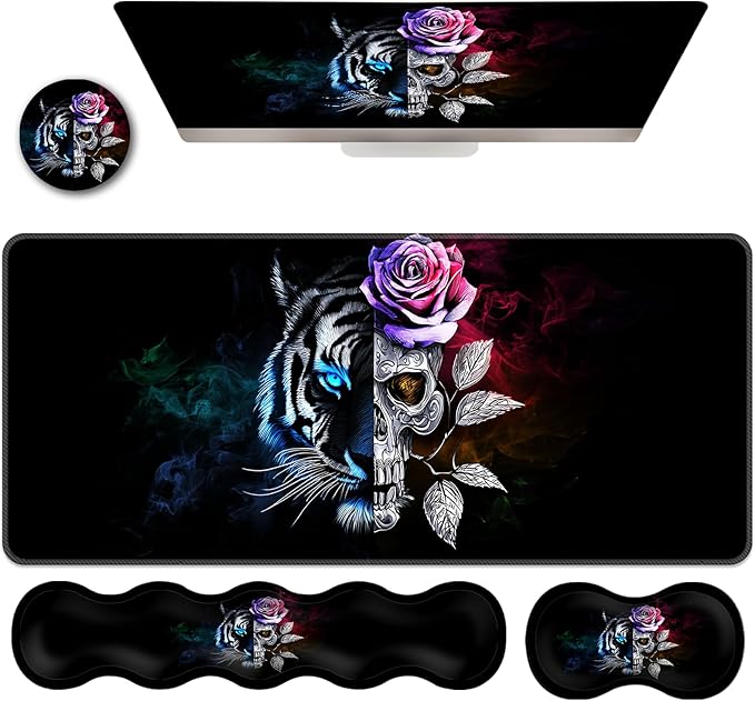 Ergonomic Keyboard Wrist Rest &amp Mouse Pad Wrist Rest SetXL Gaming Desk Mat 31.5x 11.8Non-Slip BaseMemory FoamEasy Typing Pain Relief for Office &amp HomeTiger Skull Dual Face