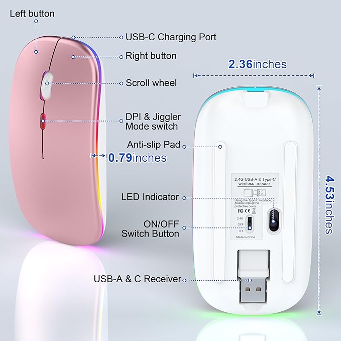LED Bluetooth Mouse for Laptop/MacBook/iPad - Built-in Mouse Jiggler &amp 4-Mode (Bluetooth 5.2/3.0 &amp 2.4GHz USB-A/C) Rechargeable Silent Mouse Multi-Device Compatible with macOS/iOS/Windows/Andr