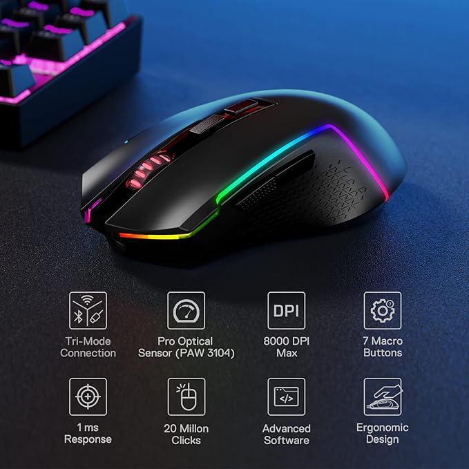 Redragon M693 Wireless Gaming Mouse 8000 DPI Mice w/ 3-Mode Connection BT &amp 2.4G Wireless 7 Macro Buttons Reliable Power Capacity for PC/Mac/Laptop