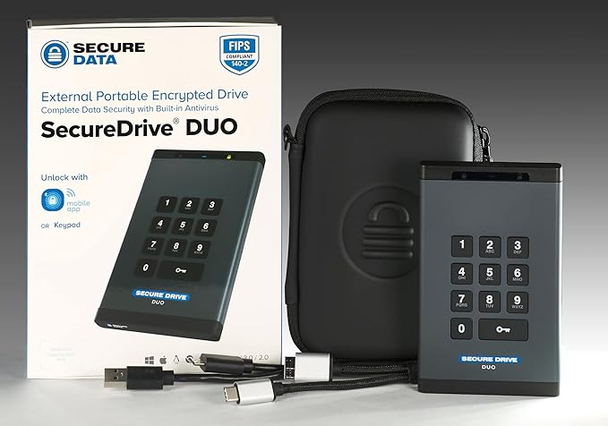 SecureData SecureDrive® DUO (500GB) - HDD - FIPS-140-2 Level 3 Compliant TAA Compliant 256-Bit Hardware Encrypted External Portable Hard Drive USB 3.0 - Unlock via Mobile App or On-Board Keypad