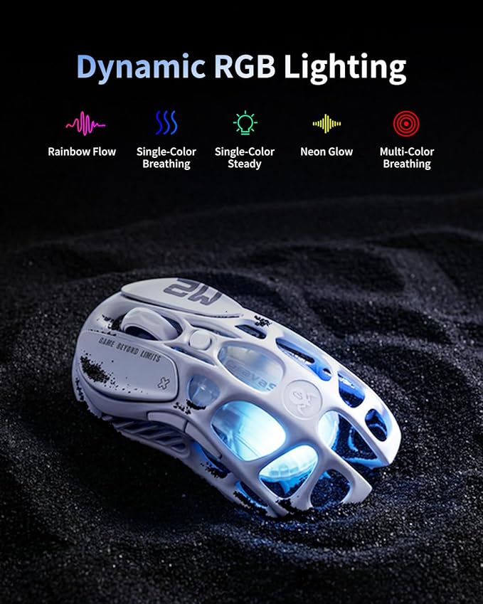 GravaStar Mercury M2 Wireless Gaming Mouse with 26000 DPI PAW3395DM Sensor -79g Lightweight Hollowed-Out Design -5 Programmable Buttons -5 Dynamic Lightsync RGB (White)