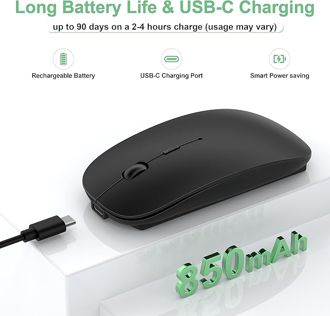Wireless Mouse for Laptop/MacBook Air/Pro &amp iPad Mouse Jiggler Mode Bluetooth 5.2/2.4G Rechargeable Silent Click 3-Level DPI Slim Portable USB-A&ampC Receiver (Mouse Jiggler Mode Black)