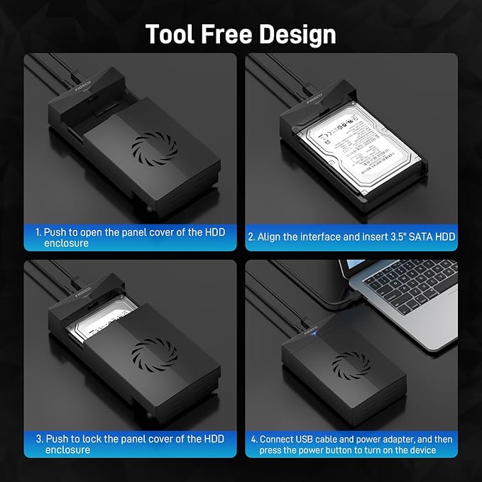 FIDECO Hard Drive Enclosure for 3.5 or 2.5 inch SATA HDD SSD SATA to USB Adapter with Cooling Fan External HDD Enclosure with 12V Power Adapter Support UASP Tool-Free Plug and Play
