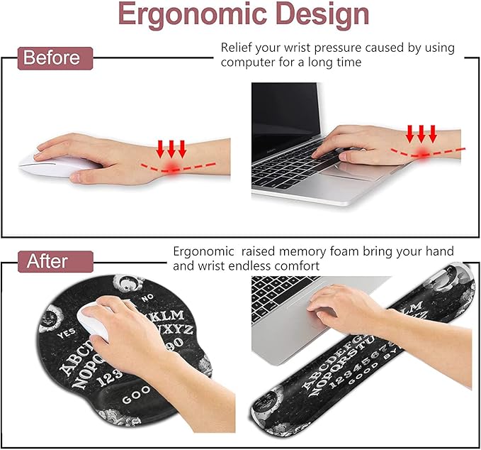 Black Mouse Pad with Stitched Edge Non-Slip Rubber Base Ouija Board Witch Pattern MousePad with Wrist Guard and Keyboard Wrist GuardOffice Accessories Desk Decor for Computers Laptop Cartoon