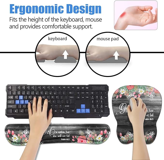Ergonomic Mouse Pad Wrist Support and Keyboard Wrist Rest Set with Coasters Non-Slip PU Base Easy Typing &amp Pain Relief for Computer Laptop Home Office Floral Quote Bible Verse Psalm 46:5