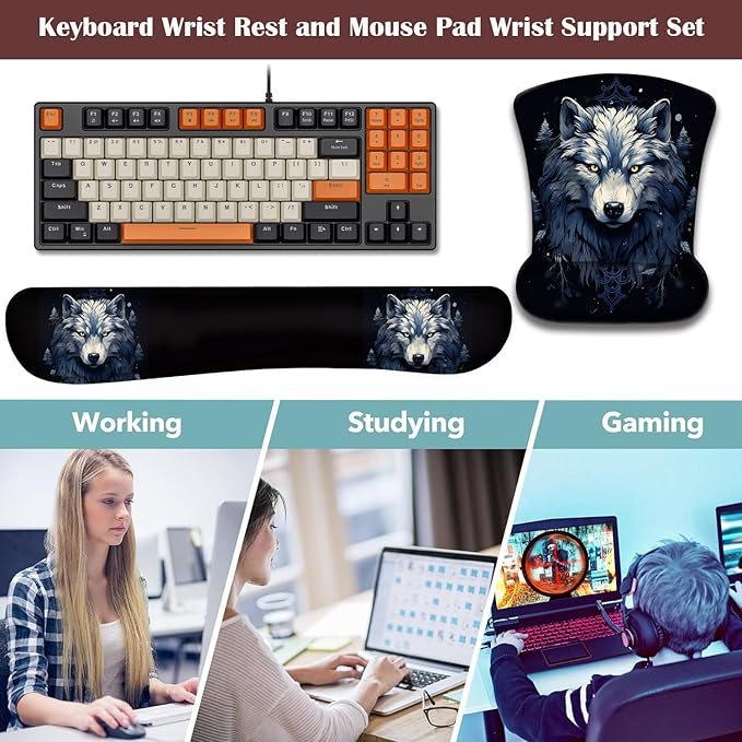 Keyboard Wrist Rest and Mouse Pad Wrist Support with Lace-Shaped Coaster Set Ergonomic Gel Memory Foam and Anti-Slip Base Easy Typing and Pain Relief - Night Moon Wolf