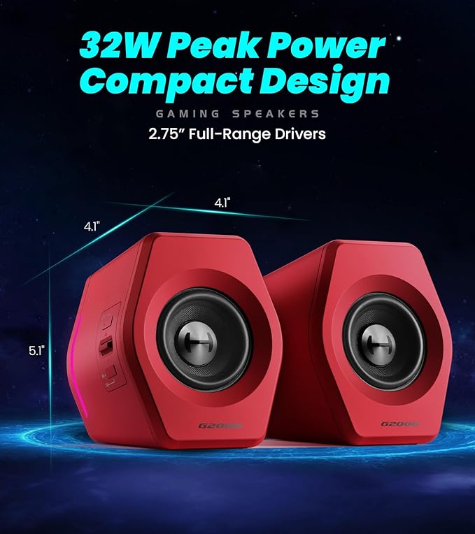 Edifier G2000 RGB Gaming Speakers 32W Peak Power Compact Design for PC/PS4/Desktop Bluetooth 5.1 3.5mm AUX Game/Movie/Music Modes 12 RGB Lighting Effects - Red
