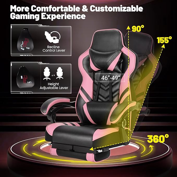 Goplus Gaming Chair Computer Chair with Footrest and Lumbar Support Height Adjustable Executive Swivel Rolling Task Chair with 90°-155° Tilt Function (Pink)