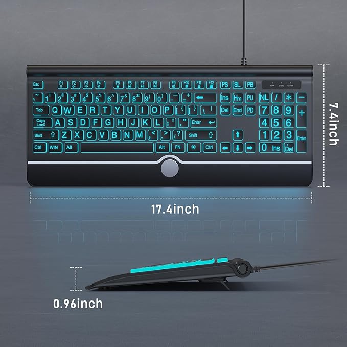 Large Print Backlit Computer Keyboard 7-Color Backlit Keyboard with Wrist Rest USB Plug-and-Play Oversize Letters Keys Easy to See and Type Wired Light Up Keyboards for Laptop PC Gaming