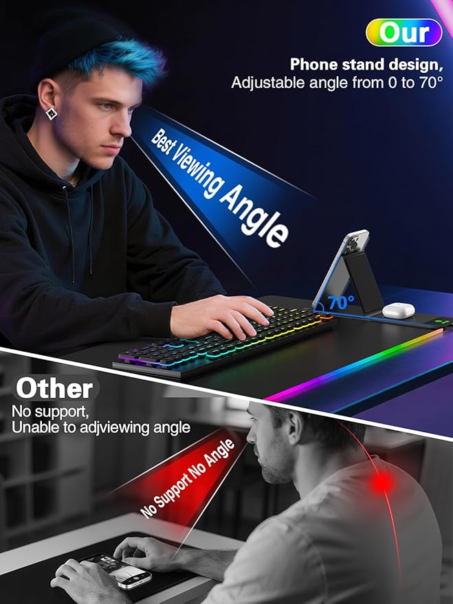 Mouse Pad with Foldable Phone Holder &amp Wireless Charger XXL RGB Gaming Mousepad 31.5x15.8 Large Desk Mat for Keyboard Black Desk Pad with Dual Qi Charging Station | 11 Colors 5 Modes | Waterpr