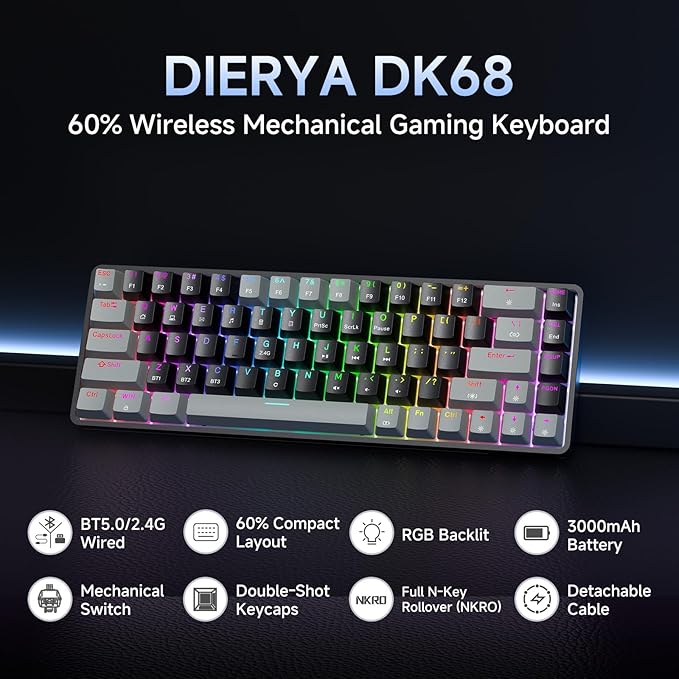 DIERYA DK68 60% Wireless Mechanical Gaming Keyboard 3 Modes Bluetooth/2.4GHz/USB-C with Red Linear Switch RGB Backlit Anti-Ghosting 68-Key Compact mini keyboard for Windows/macOS/Linux- Grey/Black