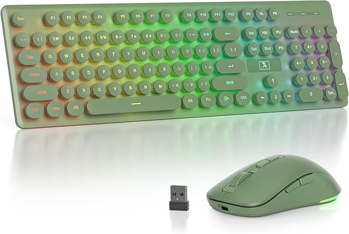 Backlit Wireless Keyboard and Mouse 2.4GHz Light Up Typewriter Rechargeable Cordless Quiet Keyboard with USB Receiver for PC/Laptop(Dark Green)