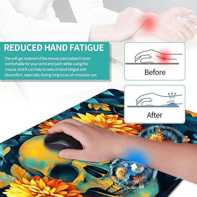 Keyboard Mouse Pad Set Extended Gaming Mouse Pad+Ergonomics Keyboard Wrist Rest Support Memory Foam Easy Typing Pain Relief 4Pcs XL Ultra Thick Desk MatSkull with Yellow Flowers