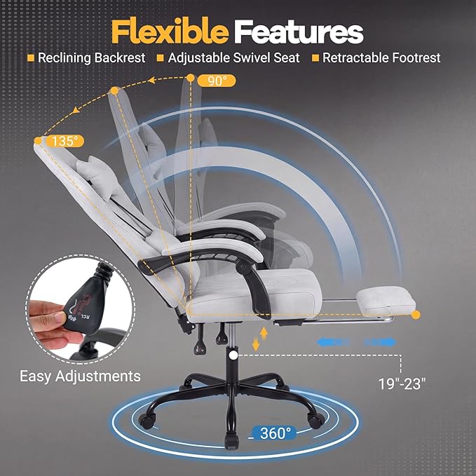 Giantex Gaming Chair Ergonomic Computer Chair with Headrest Lumbar Support Linkage Armrests Reclining Backrest &amp Footrest High Back Swivel Office Chair Video Game Chair (Grey)