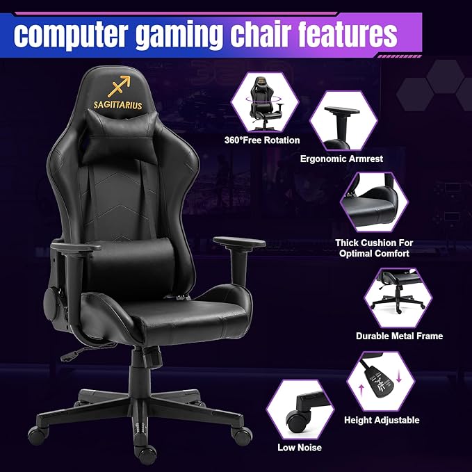 DIKEP Computer Gaming Chair Ergonomic Office Chair with Headrest and Lumbar Support PVC Leather Adjustable Swivel Rolling Chair with Wheels Black