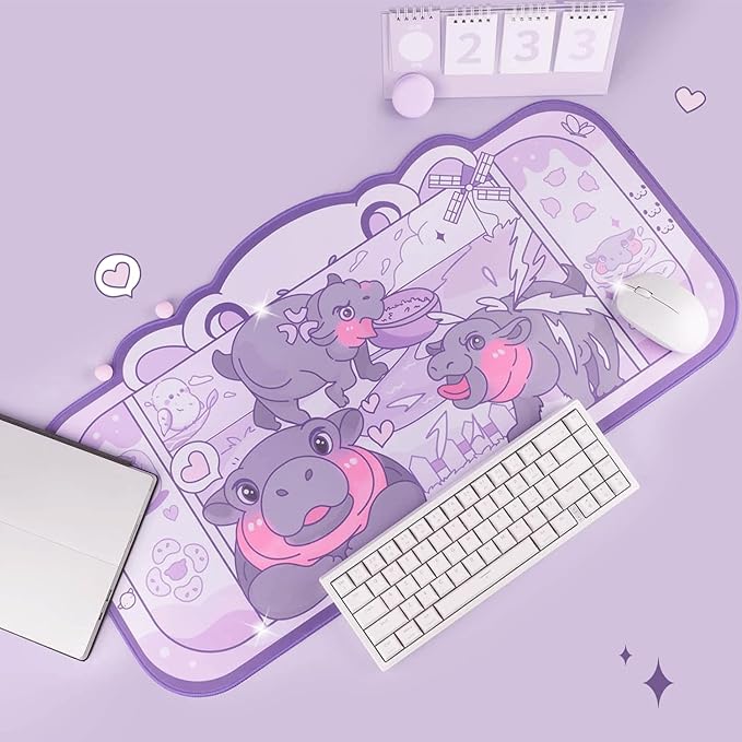 BelugaDesign Baby Hippo Desk Mat | Kawaii Cute Anime Pygmy Zoo Animal | Cartoon Keyboard PC Laptop Pastel Large Gaming Setup Accessories Mouse Pad | Machine Washable Blotter Protector Purple Gray