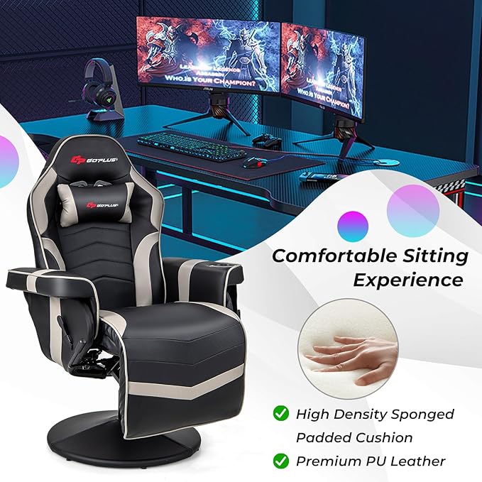 Goplus Gaming Chair Height Adjustable Massage Video Game Chair with Retractable Footrest Cup Holder Headrest Swivel Office Chair Racing Style Swivel Gamer Chair