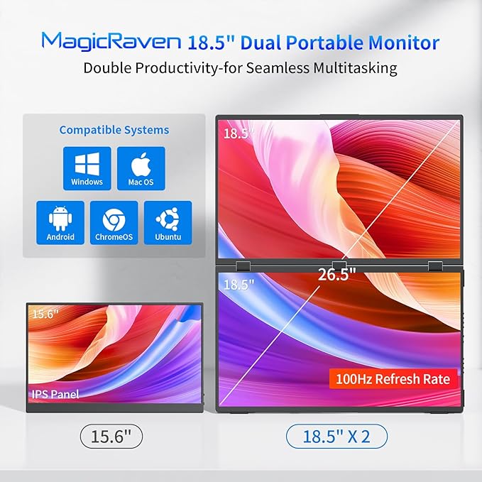 Portable Dual Monitors 18.5 1080P Dual Laptop Screen Extender Foldable Second Monitor Plug &amp Play with No Driver Needed Ideal for Home &amp Office Work with Wins &amp macOS