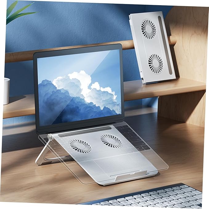 Laptop Stand with Dual Cooling Fans Stable Triangle Frame Non Slip Silicone Pads Foldable Notebook Holder with Storage for USB Memory Cards Compatible with Laptops