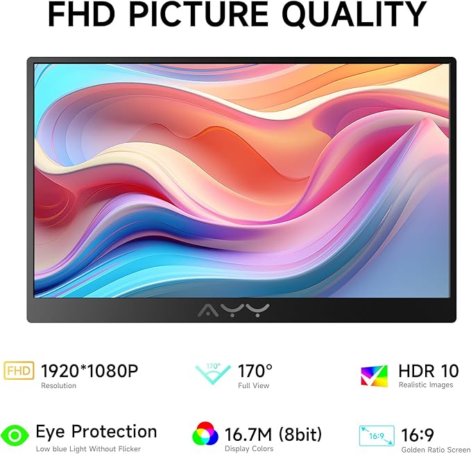 AYY Portable Monitor for Laptop 15 Inch FHD 1080P USB-C HDMI Travel Monitor External for Computer Second Display HDR IPS Gaming Monitor Extender for PC MAC Phone PS4/5 Xbox Switch Built-in Speakers