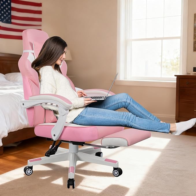 Vongrasig Ergonomic Gaming Chair for Adults PU Leather Office Seat with Head &amp Foot Rests (Pink)