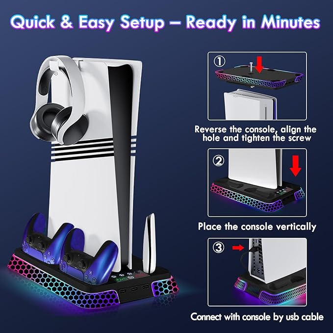 Pro Slim Cooling Station with RGB LightsStand Vertical Base Accessories with Silent 3-Level Cooling Fans Dual Controller Charger and USB Hubs (Black)