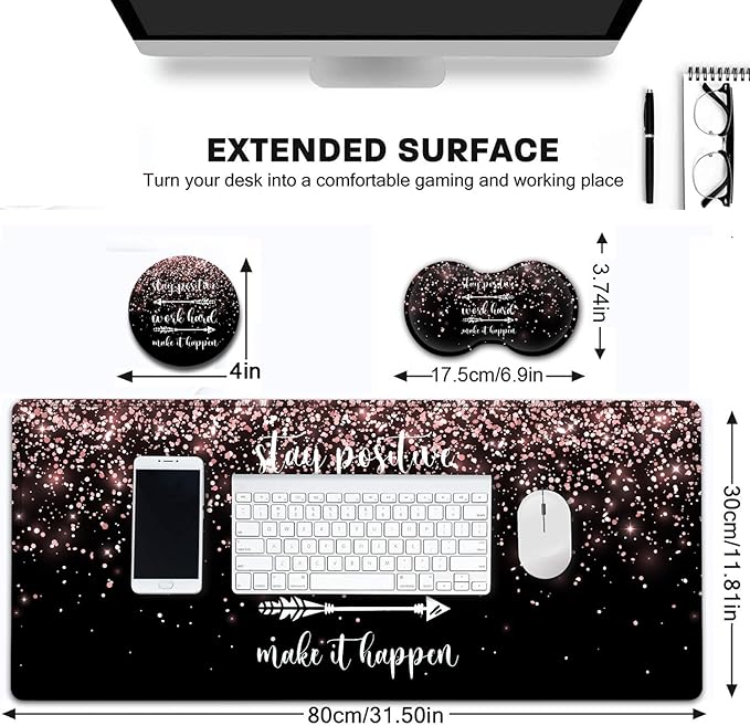 Desk Pad Extended Large Mouse Pad with Stitched Edges (31.5X11.8In) Ergonomic Mouse Wrist Rest Support Waterproof Computer Keyboard Mouse Mat Rose Gold Glitter Quotes XXL Black Gaming Mouse Pad