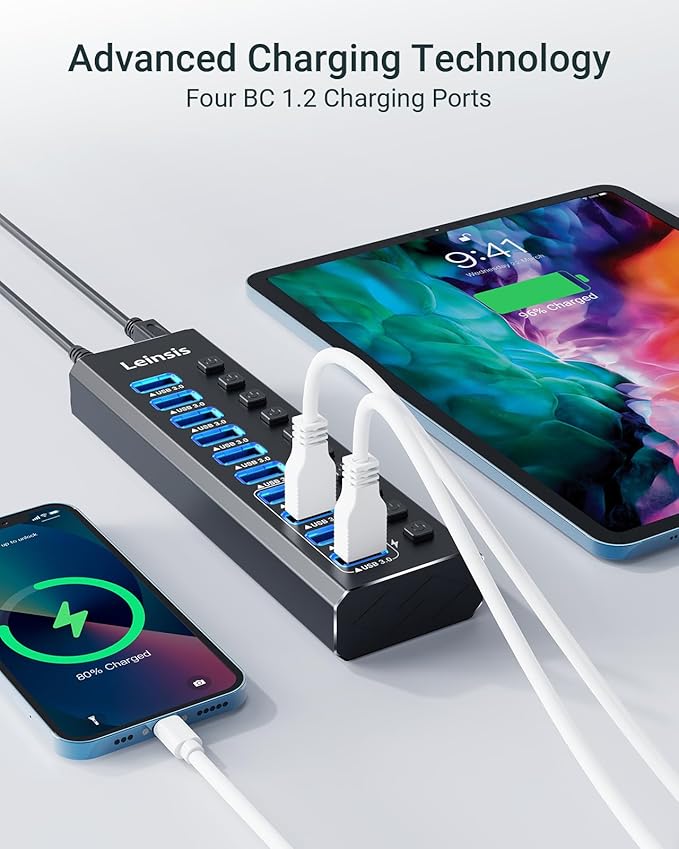 Powered USB Hub 3.0 Leinsis 10-Port USB 3.0 Hub [Durable Aluminum] 10 Data Transfer Ports+ 4 Smart Charging Ports with Individual On/Off Switches USB Hub 3.0 Powered with Power Adapter for Laptop PC