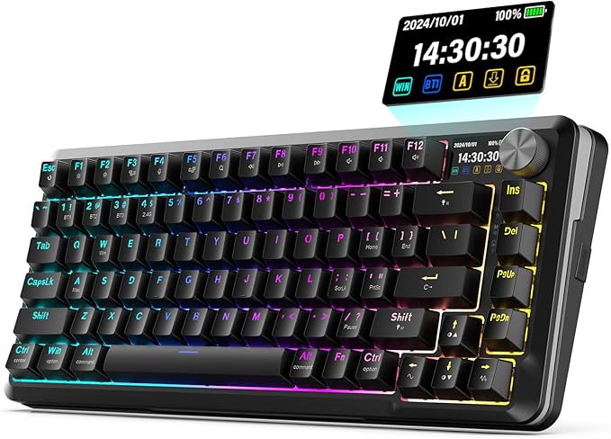 Redragon K708 Wireless Mechanical Keyboard with Screen Volume Knob &amp Pre-Lubed Switches - Tri-Mode (Bluetooth/2.4G/USB-C) RGB Gasket Gaming Keyboard Hot Swappable 4000mAh Battery for PC Mac e