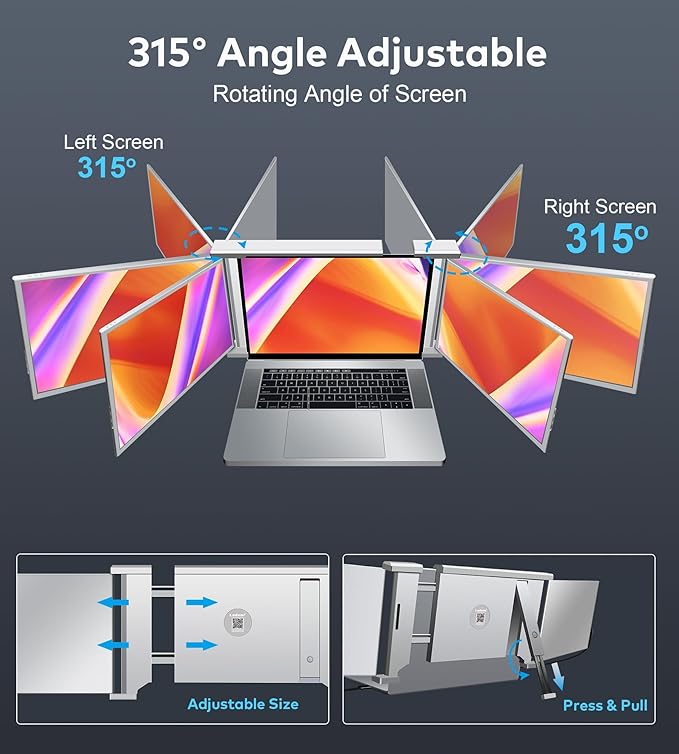 Laptop Screen Extender 14 FHD 1080P IPS Laptop Monitor Extender 315° Rotation Triple Portable Monitor for 13.5 -16.5 Laptops Type-C/HDMI/USB-A Plug &amp Play for Wins Mac Android Switch