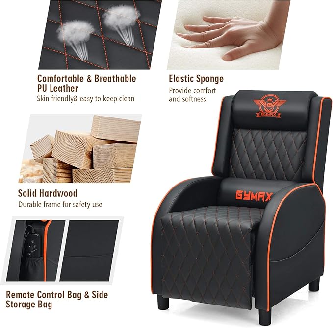 GYMAX Massage Gaming Recliner Chair Ergonomic Racing Style Single Sofa with Adjustable Headrest Backrest &amp Footrest Home Theater Sofa for Living Room Office (Orange)