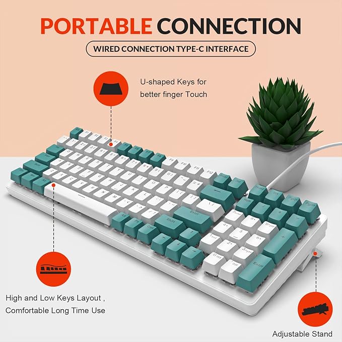 ZIYOU LANG K3 Mechanical Gaming Wired KeyboardLED Rainbow Backlit Linear Red Switch 100 Keys Full Anti-ghostingErgonomic Durable ABS Mixed Color Keycaps with Coiled Type-C to USB Cable-Green