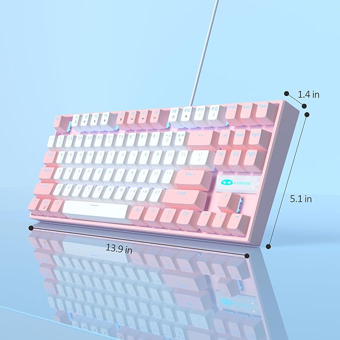 MageGee 75% Mechanical Gaming Keyboard Red Switch LED Blue Backlit 87 Keys Compact TKL Wired Computer Keyboards for Windows Laptop PC Gamer - White/Pink