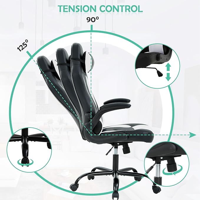 High Back PU Leather Office &amp Gaming Racing Chair - Comfortable &amp Heavy Duty - Headrest &amp Lumbar Support - Height Adjustable - Big &amp Tall Size - White