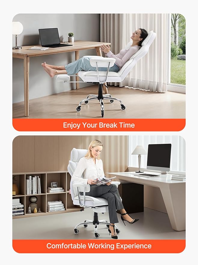 VEVOR Reclining Office Chair with Footrest Heavy Duty PU Leather Oversize Office Chair Big and Tall Executive Office Chairs with Lumbar Support Strong Metal Base Quiet Wheels White