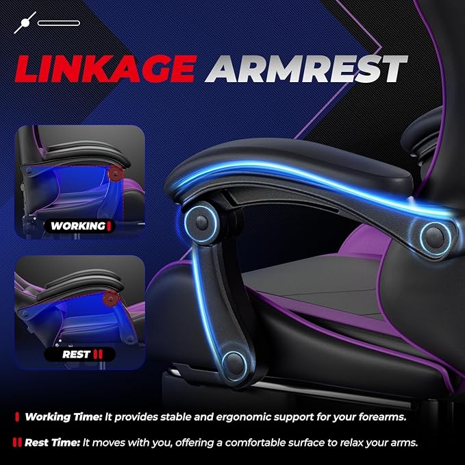 Auto Dynasty Ergonomic Gaming Chair High-Back Office Chair w/Adjustable Lumbar Support Linkage Armrest Headrest &amp Footrest 350LBS Recliner Swivel Computer Game Racing Chair Purple/Black