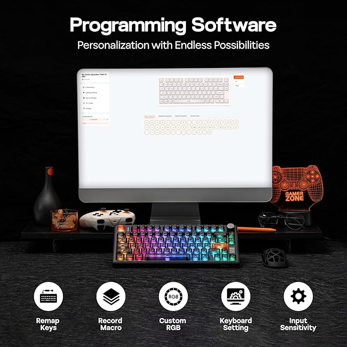 EPOMAKER TH80 V2 PRO Wireless Gaming Keyboard with Screen&ampKnob 10000mAh 2.4Ghz/BT/USB-C RGB Hot Swap Custom Driver NKRO PBT Keycap Mechanical Keyboard for PC/Mac (Black Sea Salt Silent)