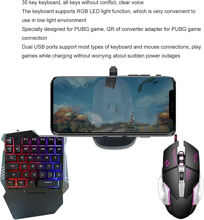 Dilwe One Hand RGB Gaming Keyboard and Backlit Mouse Combo USB Wired 35 Keys Keyboard 6 Keys Gaming Mouse Converter Set with Bracket for PC