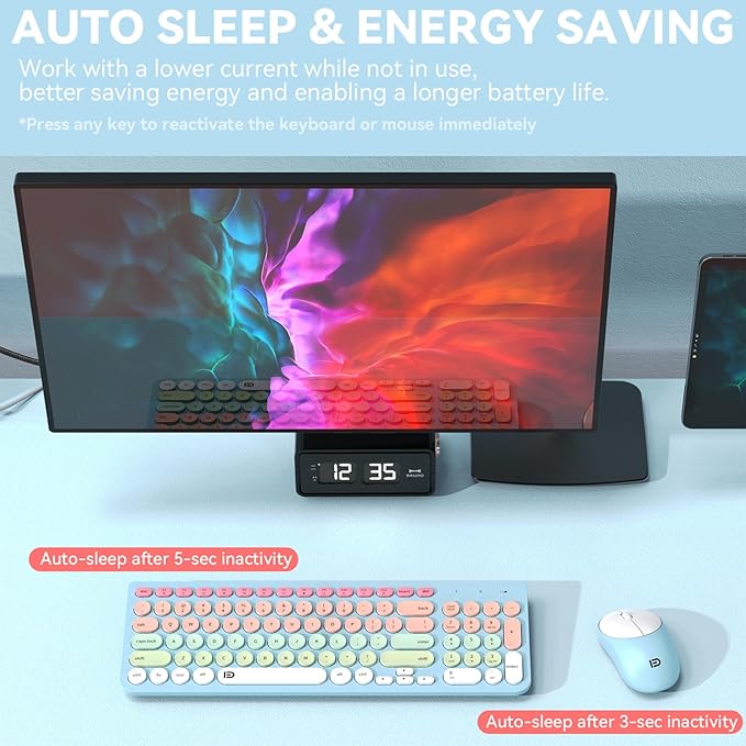 FD Wireless Keyboards and Mouse Combo - 2.4GHz USB Cordless Cute Wireless Keyboard Round Keys Quiet and Slim Set for Laptop Computer TV and Mac - Blue Pale Green Colorful